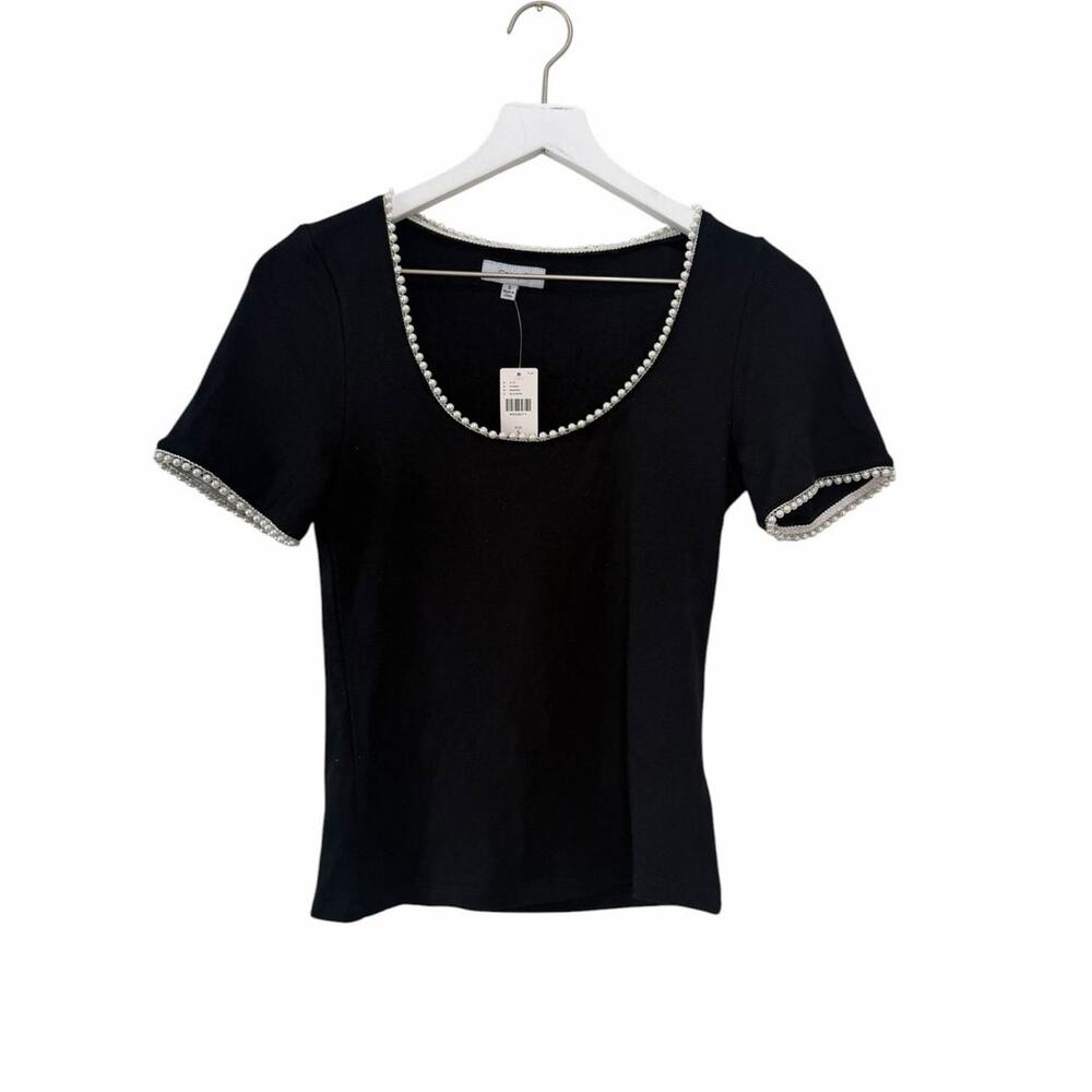 NWT Anthropologie Canopé Pearl Trim Knit Top Black Short Sleeve Sweater Size S
